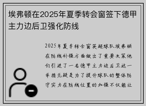 埃弗顿在2025年夏季转会窗签下德甲主力边后卫强化防线