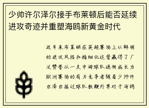 少帅许尔泽尔接手布莱顿后能否延续进攻奇迹并重塑海鸥新黄金时代